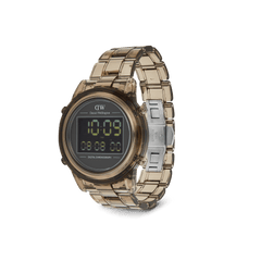 Daniel Wellington Retro Digital Dark Brown Dark Brown watch with a transparent dark brown link strap, stainless steel butterfly buckle, and a round digital display featuring chronograph and dual time functions.
