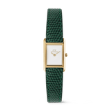 A ladies gold watch with a slim rectangular case, crisp white dial, and a green lizard-embossed leather strap, combining elegant design with a distinctive textured finish.