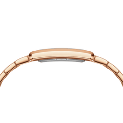 Side profile of the Bound 9-Link Emerald Sunray ladies watch, highlighting the slim rectangular rose gold case and seamless bracelet design.