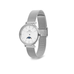 Petite Lune Sterling ladies watch with a silver stainless steel mesh strap, minimalist white dial, and moon phase sub-dial, shown at an angle to highlight its adjustable clasp and slim, elegant design.