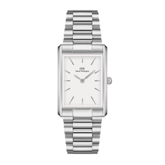 Bound 3-Link Silver features a rectangular stainless steel case, a minimalist white dial, and a polished three-link silver bracelet, offering a versatile and modern look suitable for both men and women.