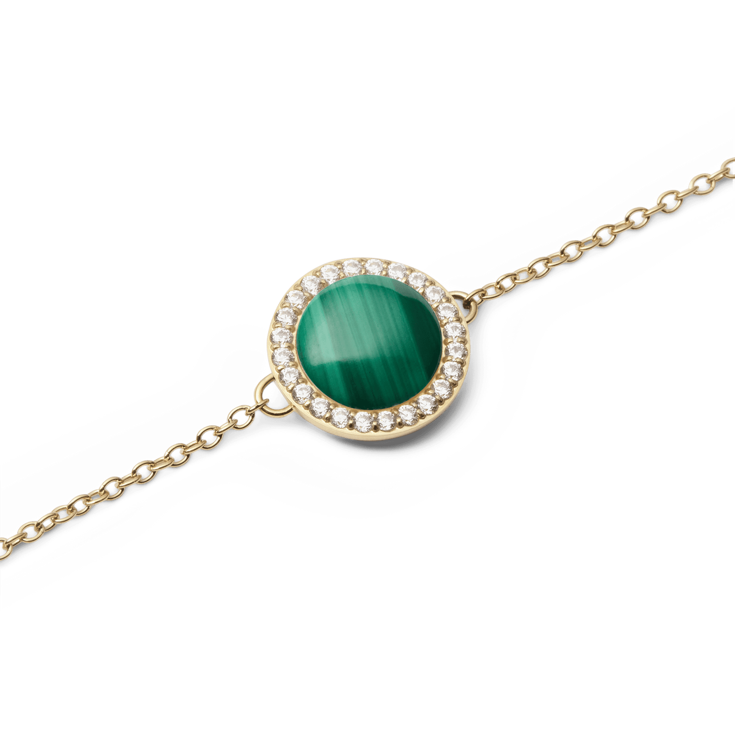 Close-up of the Audrey Bracelet Malachite Gold, highlighting the round green malachite centre stone surrounded by a halo of sparkling white cubic zirconia on a fine gold chain.