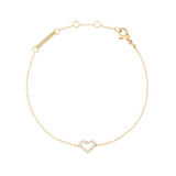 Delicate Mirelle Heart Bracelet Gold featuring a slim chain and an open heart charm set with cubic zirconia crystals, crafted in gold-plated stainless steel with adjustable links for a comfortable fit.