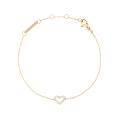 Delicate Mirelle Heart Bracelet Gold featuring a slim chain and an open heart charm set with cubic zirconia crystals, crafted in gold-plated stainless steel with adjustable links for a comfortable fit.