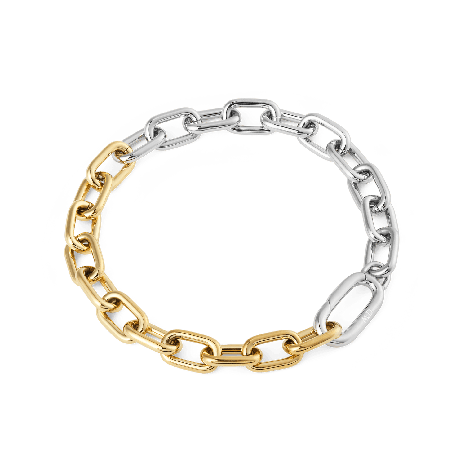 Contrast Link Bracelet Two Tone Gold with a half gold, half silver chain design, featuring polished rectangular links and a secure clasp for a modern, versatile look.