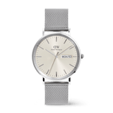 Classic Day Display Sterling Champagne men’s watch with a silver mesh strap, champagne dial featuring a subtle triangle pattern, and a clear day and date display.