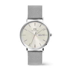 Classic Day Display Sterling Champagne men’s watch with a silver mesh strap, champagne dial featuring a subtle triangle pattern, and a clear day and date display.