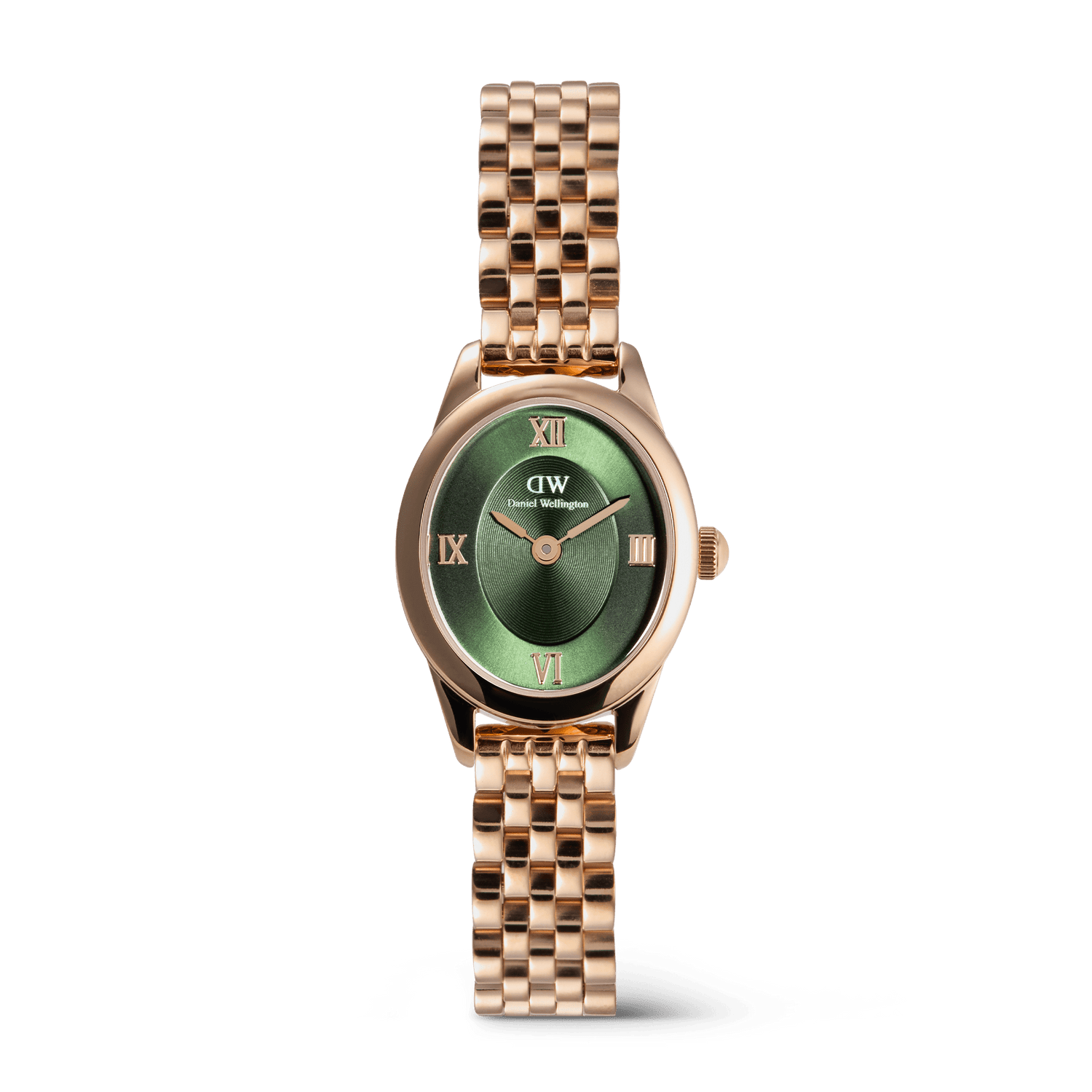 Rose gold ladies watch with an oval case, emerald green sunray dial featuring Roman numerals, and a beans link bracelet, designed for everyday elegance and versatility.