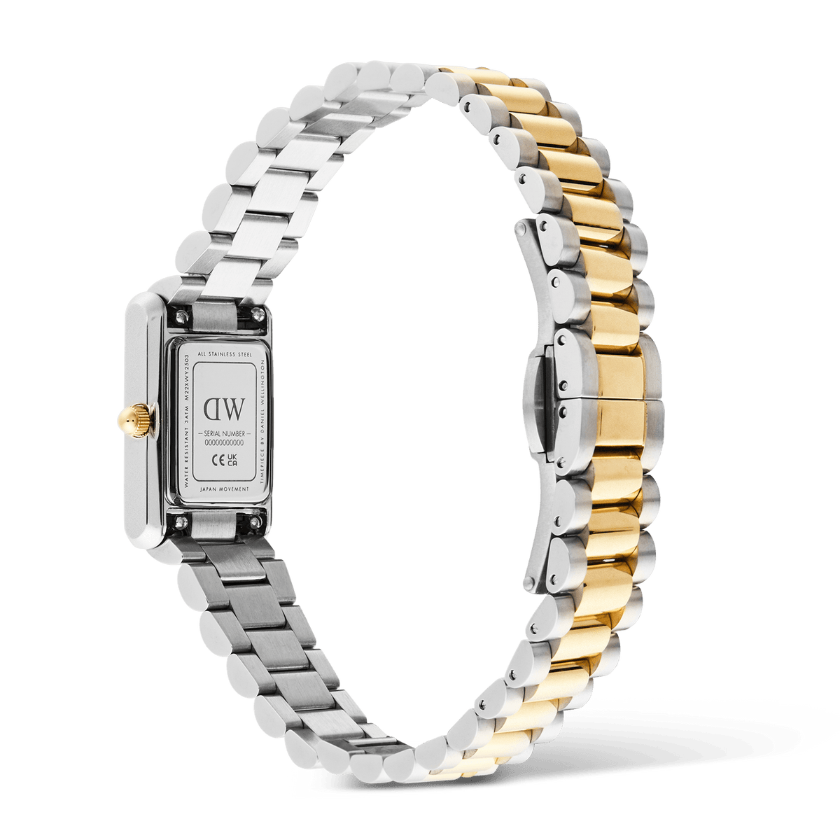 Back view of the Bound Mini 3-Link Two Tone Gold watch showing the stainless steel case, gold crown, and the two tone gold and silver 3-link bracelet with butterfly clasp.