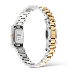 Back view of the Bound Mini 3-Link Two Tone Gold watch showing the stainless steel case, gold crown, and the two tone gold and silver 3-link bracelet with butterfly clasp.