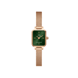 Quadro Mini Melrose Emerald features a slim rectangular case with an emerald green dial and a rose gold mesh bracelet, offering a minimalist and elegant look suitable for everyday wear.