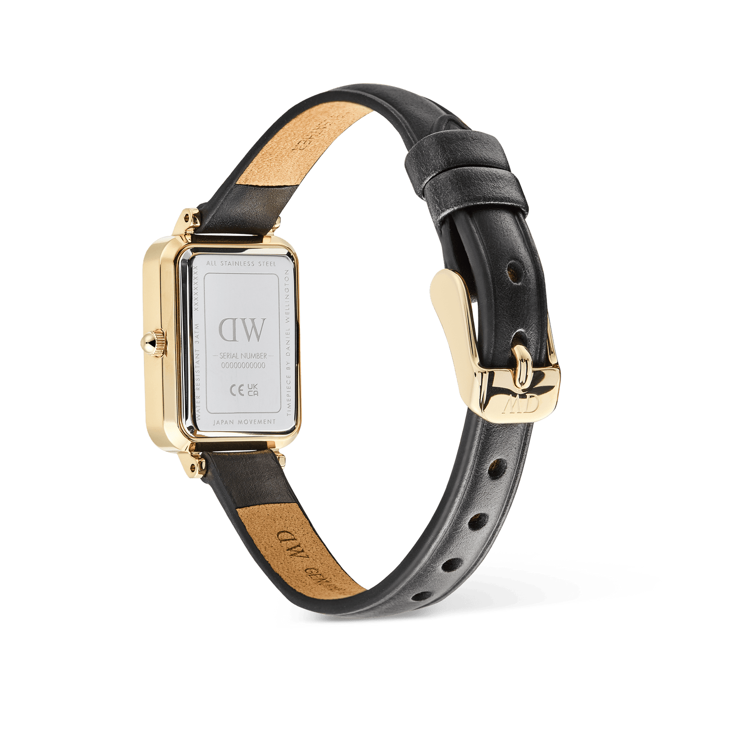 Rear view of the Quadro Roman Numerals Date Sheffield Gold ladies watch, showing the gold-plated rectangular case, engraved caseback, adjustable black leather strap, and gold pin buckle.