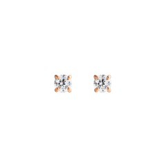 Pair of Mirelle Solitaire Stud Earrings in rose gold, each featuring a white cubic zirconia stone in a four-prong setting, with a minimalist and elegant design suitable for everyday wear.