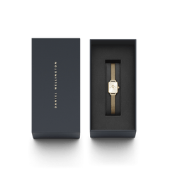 Quadro Mini Evergold Champagne gold watch with a champagne dial and mesh strap, elegantly presented in a Daniel Wellington branded gift box, ideal for gifting or adding to a jewellery collection.