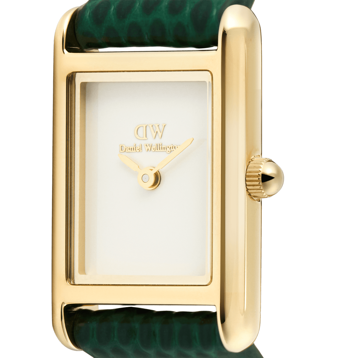 Close-up of the Bound Mini Green Lizard Gold watch showing the polished gold rectangular case, crisp white dial, and the textured green lizard-embossed leather strap.