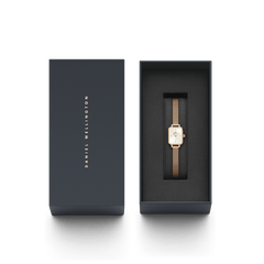 Quadro Mini Melrose Champagne watch with a rose gold mesh strap presented in a sleek branded gift box, showcasing its elegant rectangular dial and minimalist packaging.