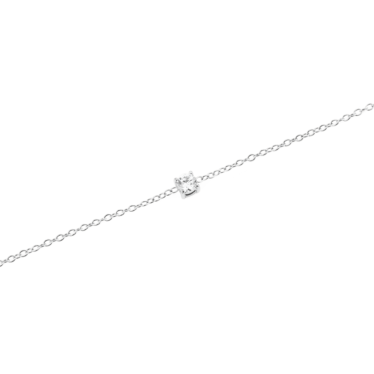 Close-up of the Mirelle Solitaire Bracelet Silver, showing the fine silver chain and a single cubic zirconia crystal set as the centrepiece for a minimalist and elegant finish.