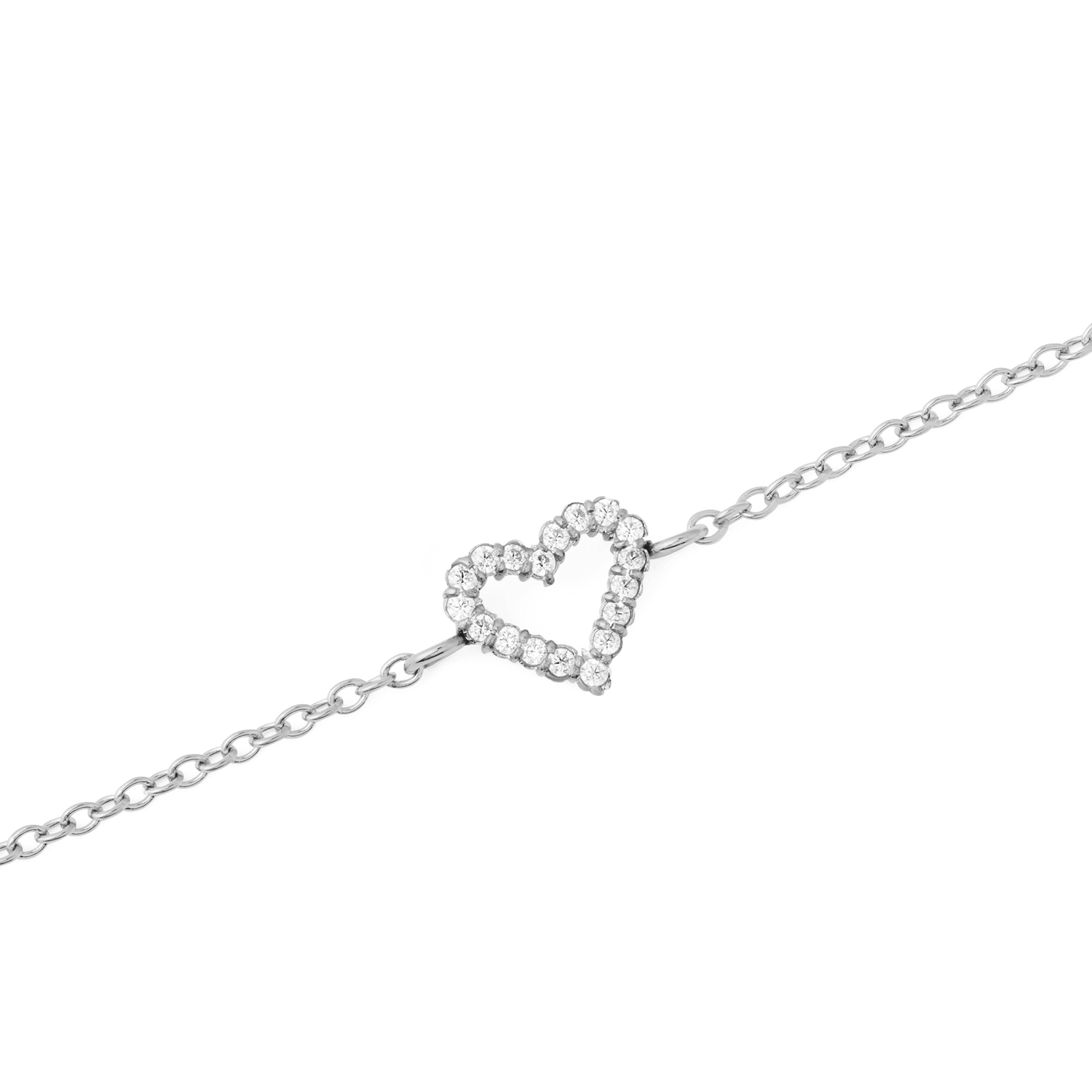 Close-up of the Mirelle Heart Bracelet Silver showing the open heart charm set with sparkling cubic zirconia stones on a delicate silver chain.