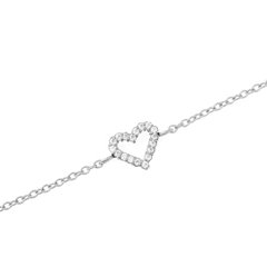 Close-up of the Mirelle Heart Bracelet Silver showing the open heart charm set with sparkling cubic zirconia stones on a delicate silver chain.