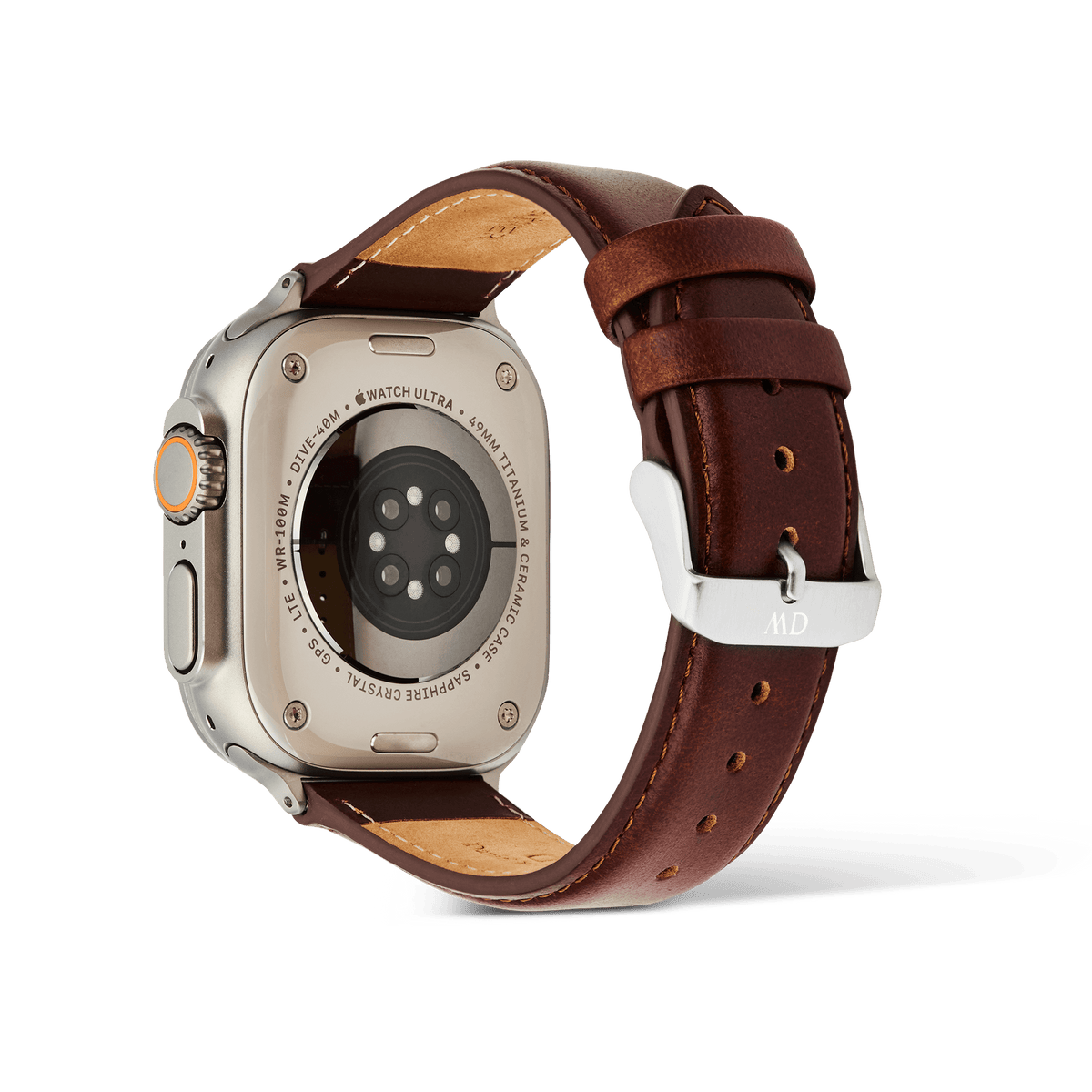 Rear view of an Apple Watch Ultra fitted with the Smartwatch Leather Strap St Mawes Silver, highlighting the brown genuine leather, polished silver pin buckle, and stitched padded design for a comfortable and stylish fit.