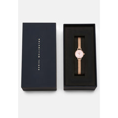 Petite Mini Blush Melrose watch with a blush pink dial and rose gold mesh strap, presented in a sleek black Daniel Wellington gift box, ideal for gifting or adding to your collection.
