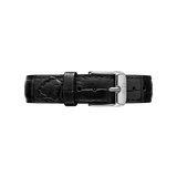 Narrow Reading Strap Silver in black genuine leather with a croc-embossed pattern and a polished silver buckle, designed for Daniel Wellington watches and suitable for smaller watch faces.