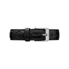 Narrow Reading Strap Silver in black genuine leather with a croc-embossed pattern and a polished silver buckle, designed for Daniel Wellington watches and suitable for smaller watch faces.