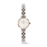 Petite Mini Arch 3-Link Two Tone Rose Gold watch with a slim 19mm case, minimalist white dial, and a polished three-link bracelet in rose gold and silver, designed for women seeking a refined and versatile accessory.