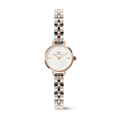 Petite Mini Arch 3-Link Two Tone Rose Gold watch with a slim 19mm case, minimalist white dial, and a polished three-link bracelet in rose gold and silver, designed for women seeking a refined and versatile accessory.