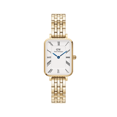 Quadro Roman Numerals 5-Link Gold ladies watch featuring a rectangular white dial with classic Roman numerals, blue steel hands, and a slim gold 5-link bracelet, offering a refined and timeless look.