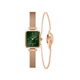 Rectangular rose gold watch with a mesh strap and emerald green dial, paired with a delicate rose gold Elan Unity Bracelet featuring interlocking ring detail, both designed for a refined and modern look.