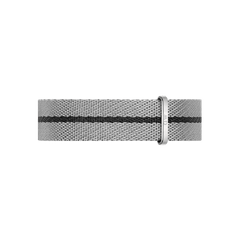 Grey and black NATO strap from Daniel Wellington, made with recycled nylon and featuring a twill weave and adjustable stainless steel buckle.