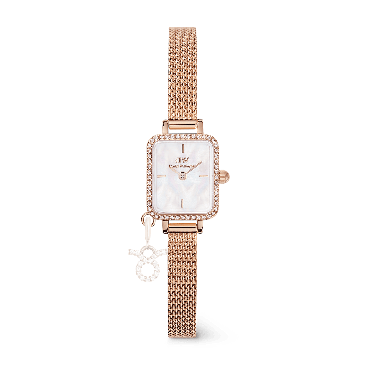 Rose gold ladies watch with a rectangular case, white mother of pearl dial, crystal border, mesh strap, and an interchangeable zodiac charm attached for a personalised touch.