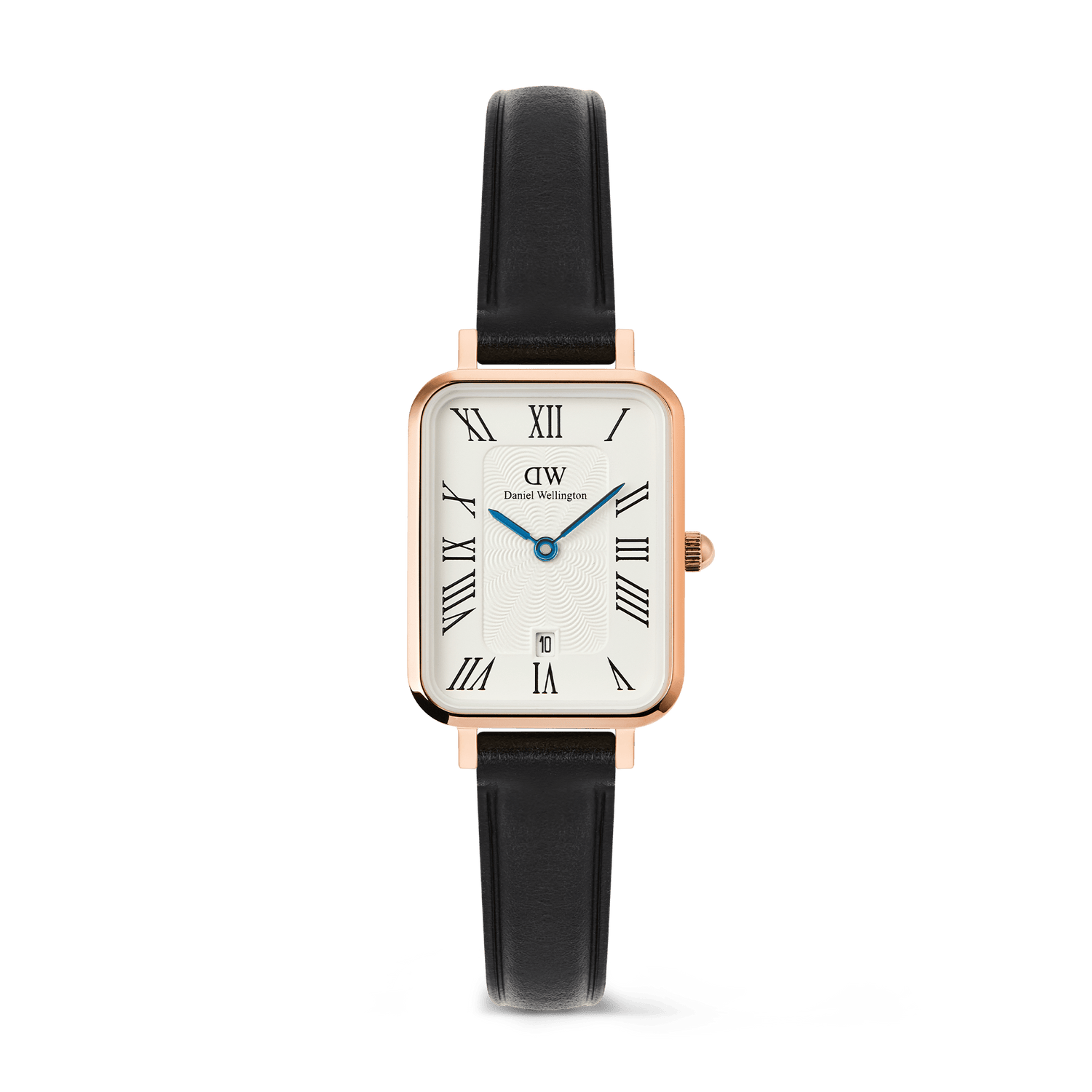 Quadro Roman Numerals Date Sheffield Rose Gold ladies watch with a rectangular rose gold case, white dial featuring bold Roman numerals, blue hands, date window at six o’clock, and a slim black leather strap.