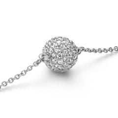 Close-up of the Pavé Crystal Pendant Bracelet Silver showing the spherical pavé ball pendant set with sparkling cubic zirconia crystals on a fine silver chain.