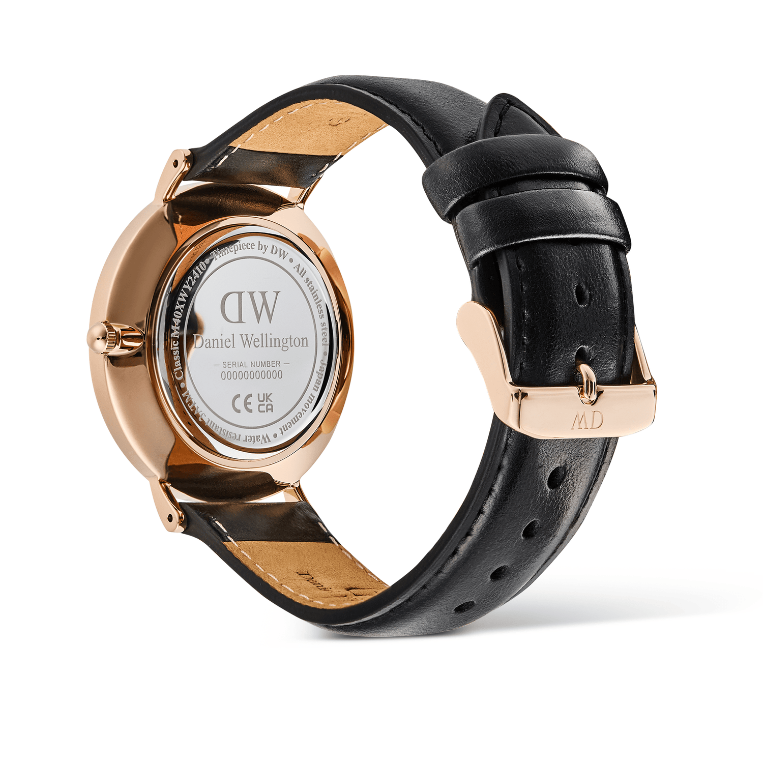 Rear view of the Classic Multi-Eye Sheffield Off-white Sunray Rose Gold watch, showing the rose gold case, engraved case back, and adjustable black leather strap with a rose gold pin buckle.