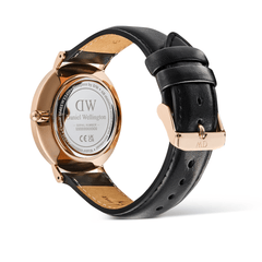 Rear view of the Classic Multi-Eye Sheffield Off-white Sunray Rose Gold watch, showing the rose gold case, engraved case back, and adjustable black leather strap with a rose gold pin buckle.