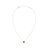 Gold necklace with a fine chain featuring a round tiger eye stone pendant framed by a halo of white cubic zirconia crystals, shown on a plain background.