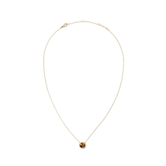 Gold necklace with a fine chain featuring a round tiger eye stone pendant framed by a halo of white cubic zirconia crystals, shown on a plain background.