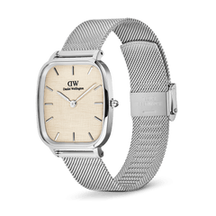 Marlon Sterling Linen men’s watch with a cushion-shaped stainless steel case, yellow linen-textured dial, minimalist hour markers, and an adjustable silver mesh bracelet.