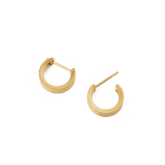 A pair of Line Earrings Brushed Gold 3.5mm shown open, highlighting their compact hoop design, softly brushed gold finish, and secure latch-back posts.