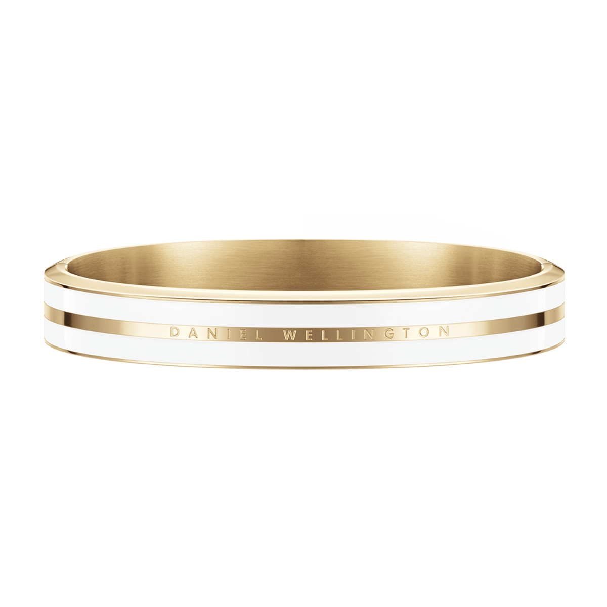 Classic Emalie Infinite Gold Satin White bracelet with a polished gold finish, satin white enamel detailing, and subtle Daniel Wellington branding, designed for a sophisticated and versatile look.