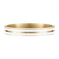 Classic Emalie Infinite Gold Satin White bracelet with a polished gold finish, satin white enamel detailing, and subtle Daniel Wellington branding, designed for a sophisticated and versatile look.
