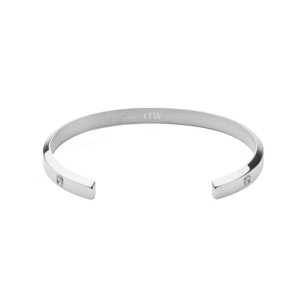 Classic Lumine Bracelet Silver 5.5mm with a sleek, open cuff design in polished stainless steel, featuring subtle cubic zirconia stones set along the band for a modern, elegant finish.