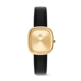 Margot Sheffield Unitone Sunray Gold ladies watch featuring a rectangular gold-tone case, minimalist gold dial without indices, and a classic black genuine leather strap.