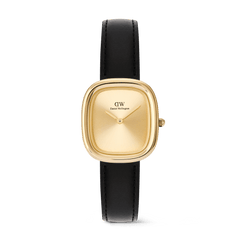 Margot Sheffield Unitone Sunray Gold ladies watch featuring a rectangular gold-tone case, minimalist gold dial without indices, and a classic black genuine leather strap.