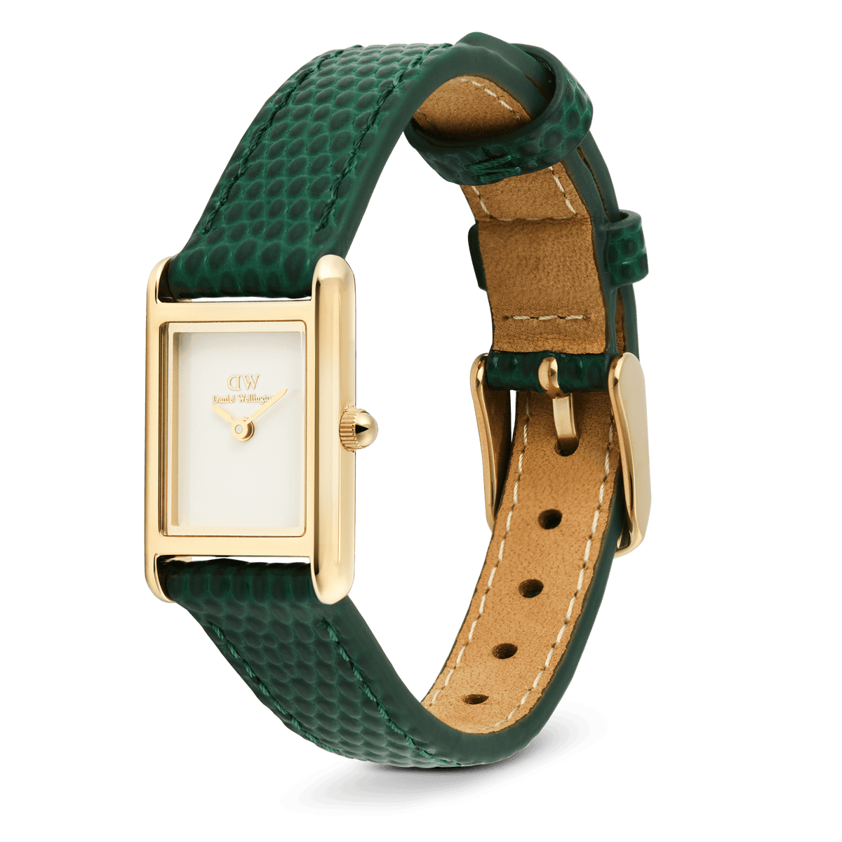 Bound Mini Green Lizard Gold ladies watch with a gold rectangular case, white dial, and a textured green lizard-embossed leather strap featuring a pin buckle closure.