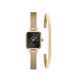 Quadro Mini Evergold Onyx watch with a rectangular black dial and gold mesh strap, paired with a slim gold Classic Bracelet featuring Daniel Wellington branding, both designed for women who appreciate minimalist and elegant gold accessories.