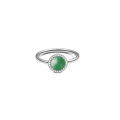 Audrey Ring Jade Silver with a slim silver band, featuring a round green jade centrepiece framed by a halo of sparkling white cubic zirconia for a modern, elegant finish.