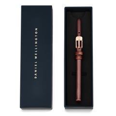 Pressed St Mawes Strap Rose Gold presented in a premium gift box, showing the slim brown genuine leather band with a polished rose gold pin buckle, ideal for petite ladies watches and gifting.